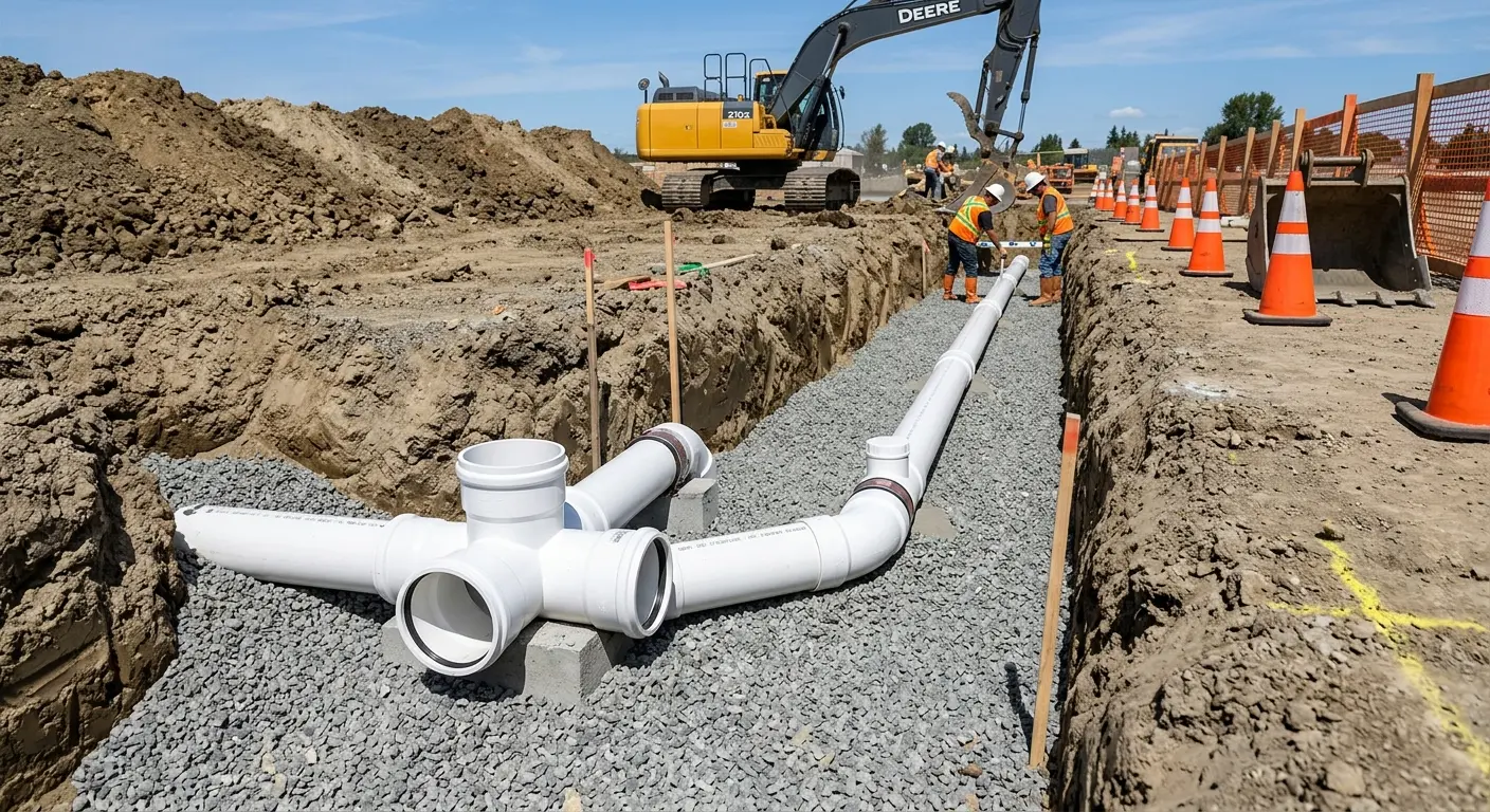 New PVC sewer pipe installation in open trench for Sewer Backup in Alafaya
