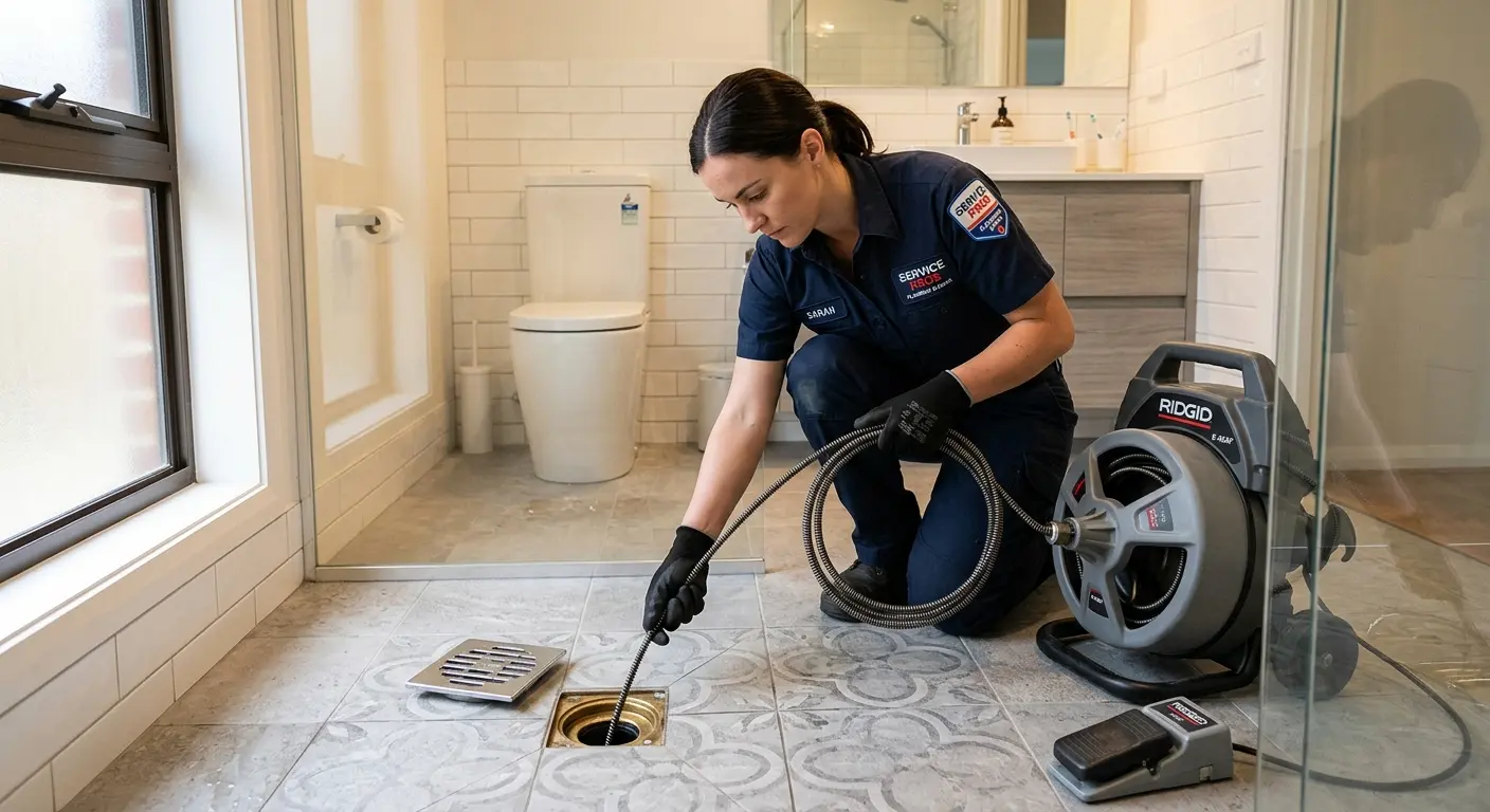 Technician clearing a bathroom floor drain for Drain Cleaning in Alafaya
